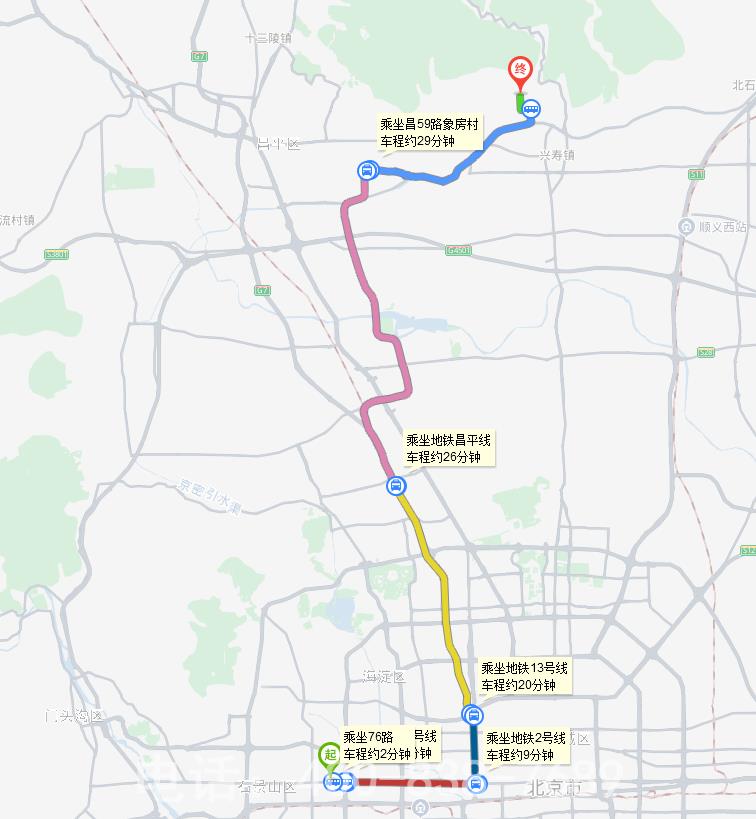 北京永定路至北京华夏陵园公交线路图